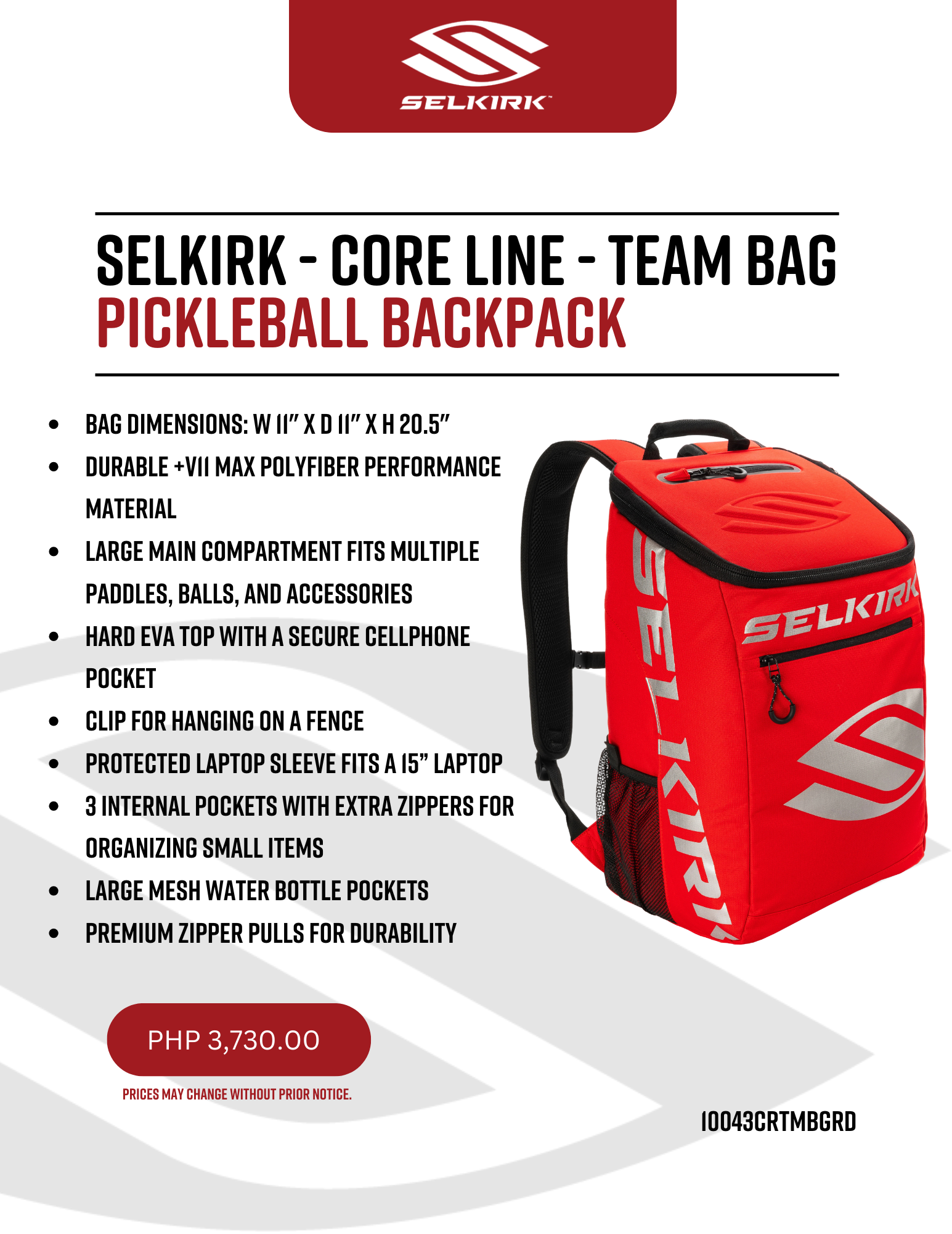 Selkirk Core Line Team Bag Pickleball Backpack